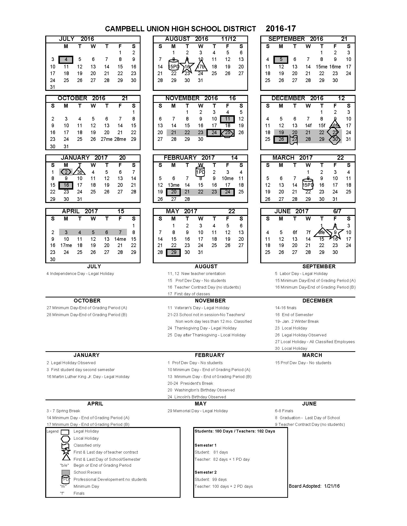 District Calendar - Miscellaneous - Campbell Union High School District